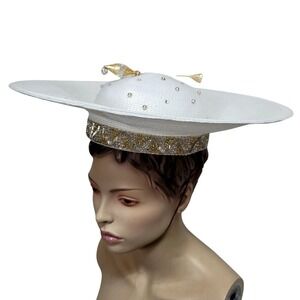 Tim Crawford White Wide Brim Beaded Straw‎ Dress Hat Gold Silver Studded Derby
